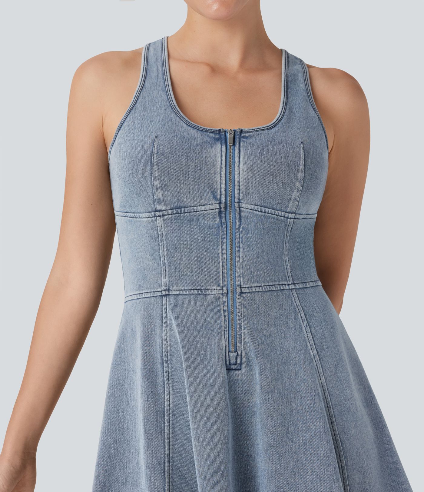 Halara Flex™ Racerback Sleeveless Half Zipper Mini Washed Denim Casual Dress