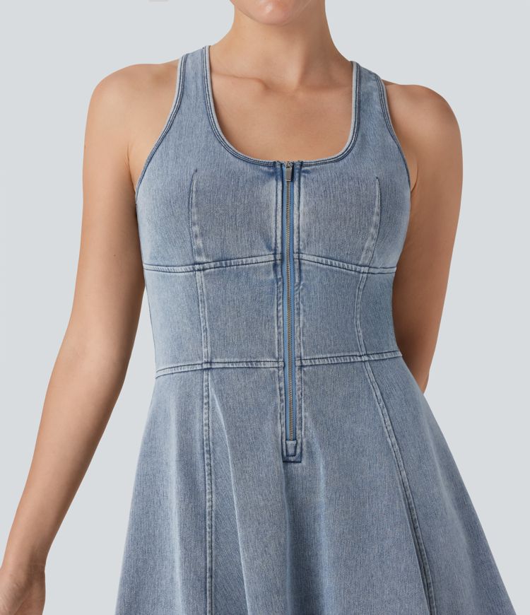 Halara Flex™ Racerback Sleeveless Half Zipper Mini Washed Denim Casual Dress