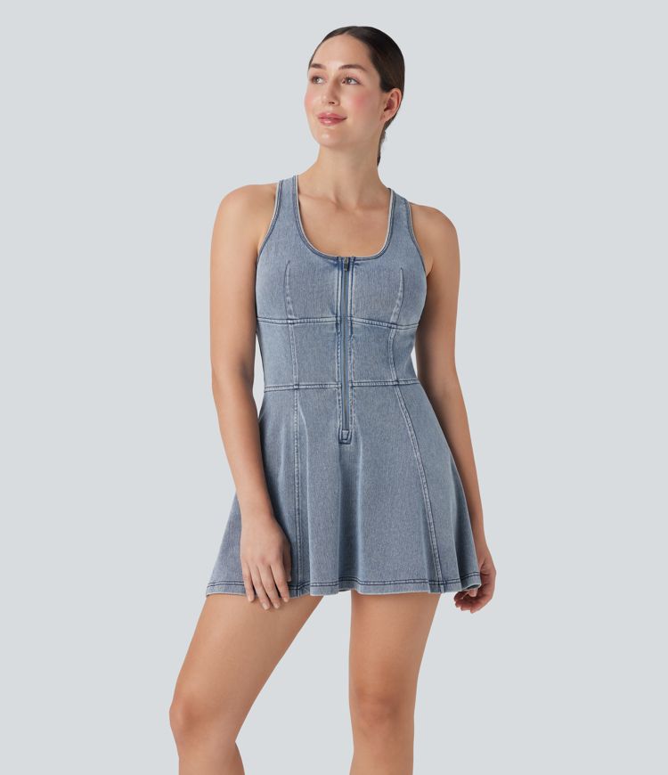 Halara Flex™ Racerback Sleeveless Half Zipper Mini Washed Stretchy Knit Denim Casual Dress