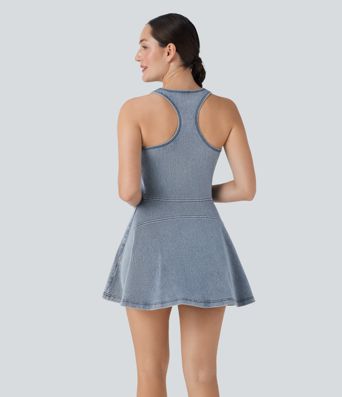 Halara Flex™ Racerback Sleeveless Half Zipper Mini Washed Denim Casual Dress