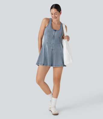 Halara Flex™ Racerback Sleeveless Half Zipper Mini Washed Denim Casual Dress