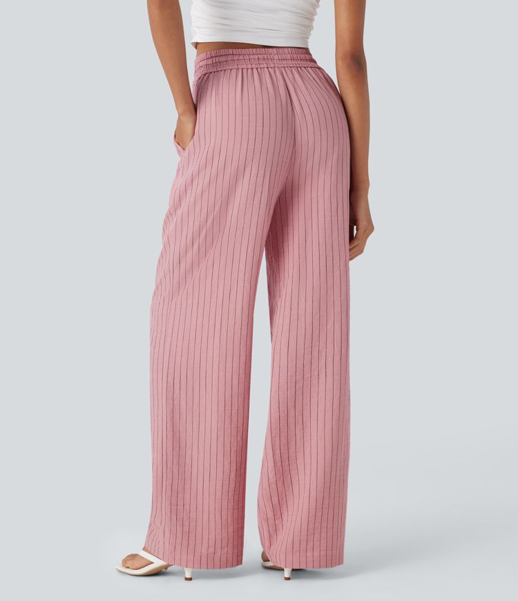 Pantalon large fluide taille haute avec cordon de serrage, rayures, aspect lin et poches latérales