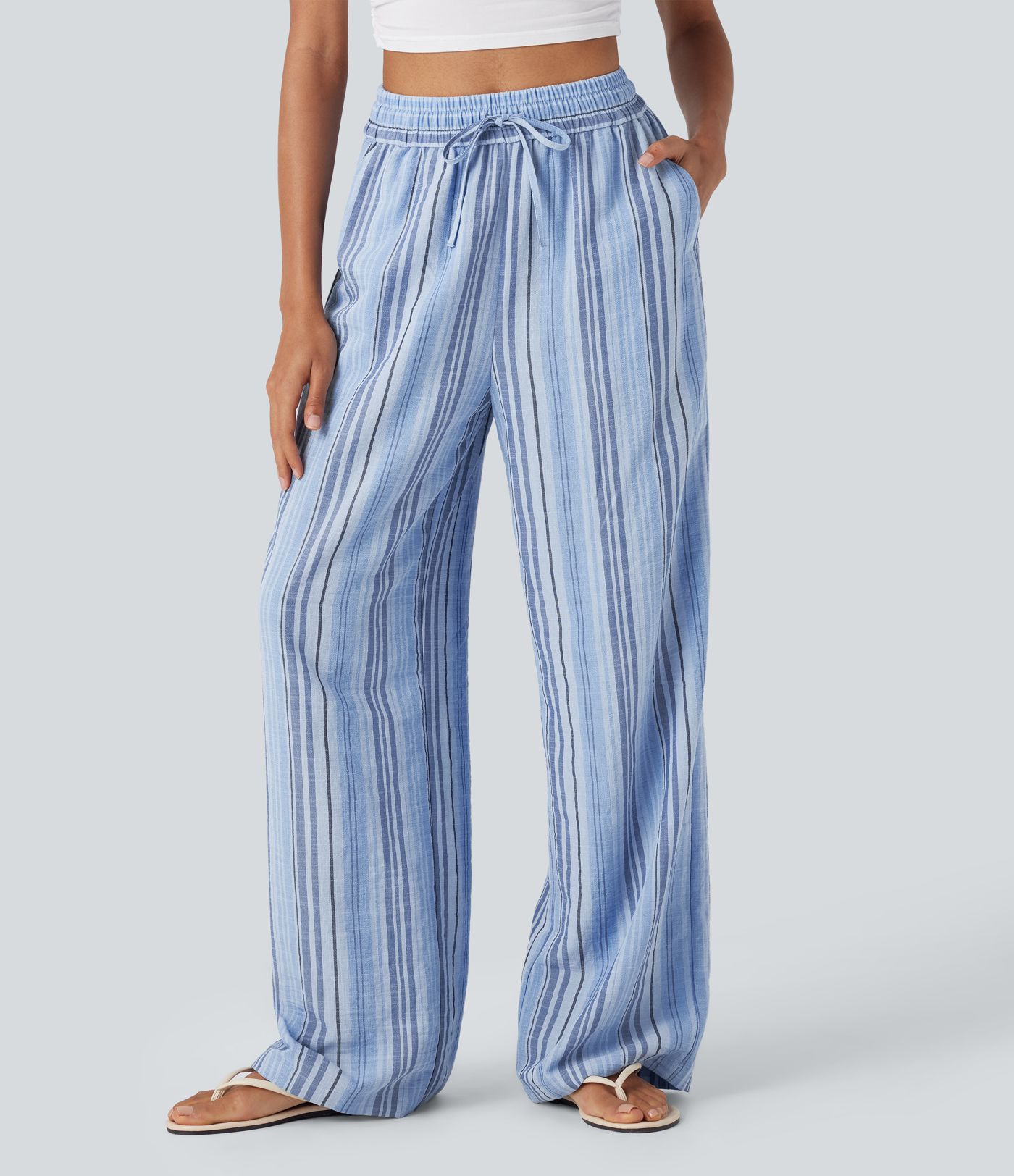 High Waisted Drawstring Wide Leg Stripe Casual Linen-Feel Pants with Pockets