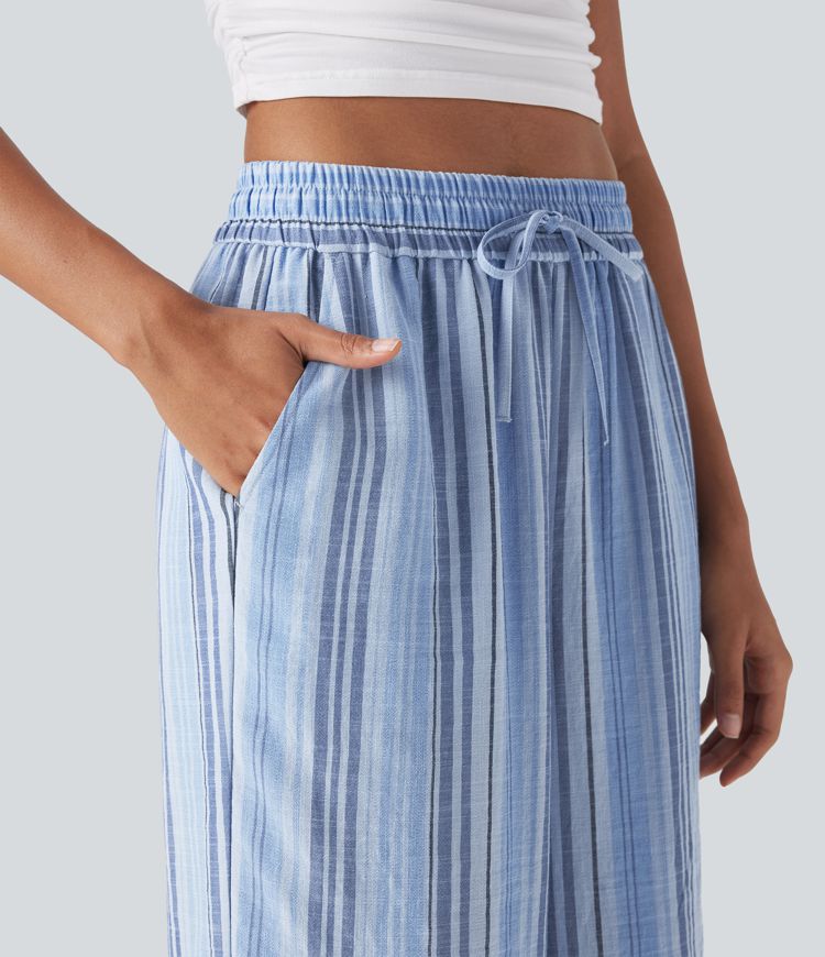High Waisted Drawstring Wide Leg Stripe Casual Linen-Feel Pants with Pockets