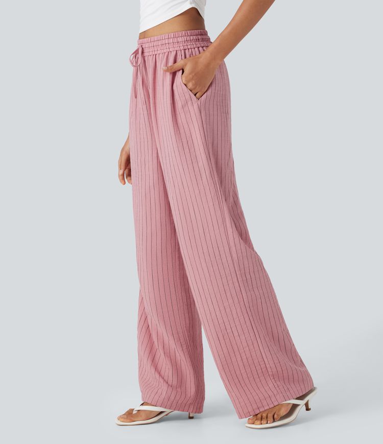 Pantalon large fluide taille haute avec cordon de serrage, rayures, aspect lin et poches latérales
