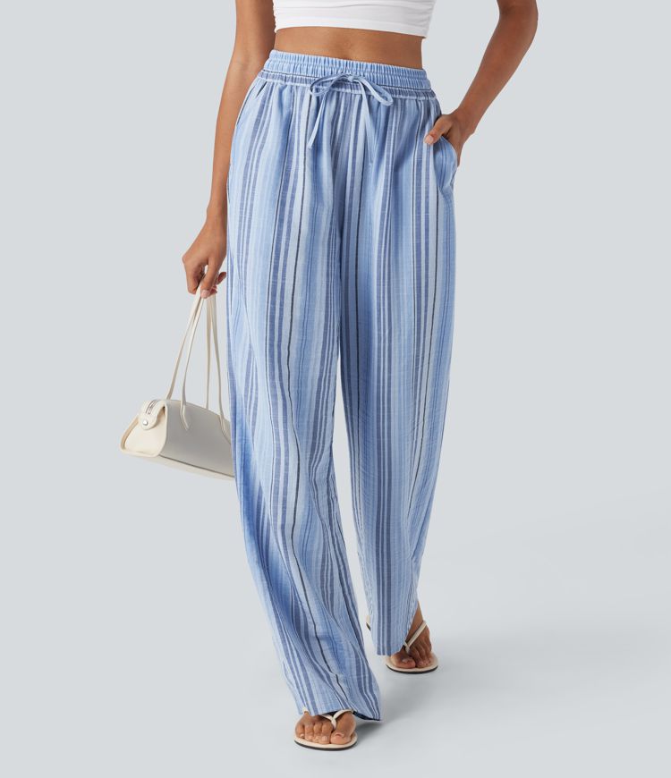 High Waisted Drawstring Wide Leg Stripe Casual Linen-Feel Pants with Pockets