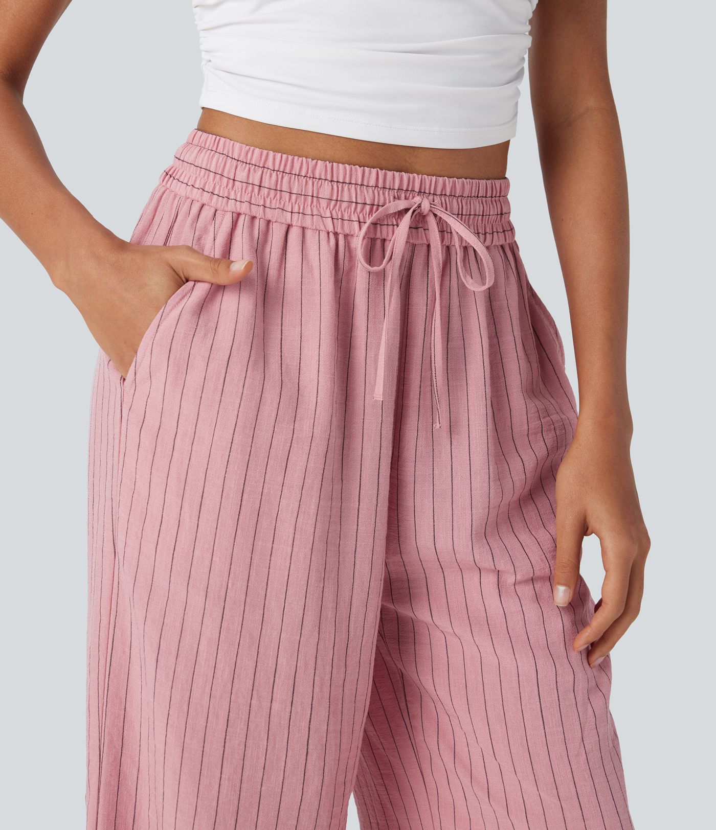 High-waisted wide-leg flowy pants with drawstring, stripes, linen look, and side pockets