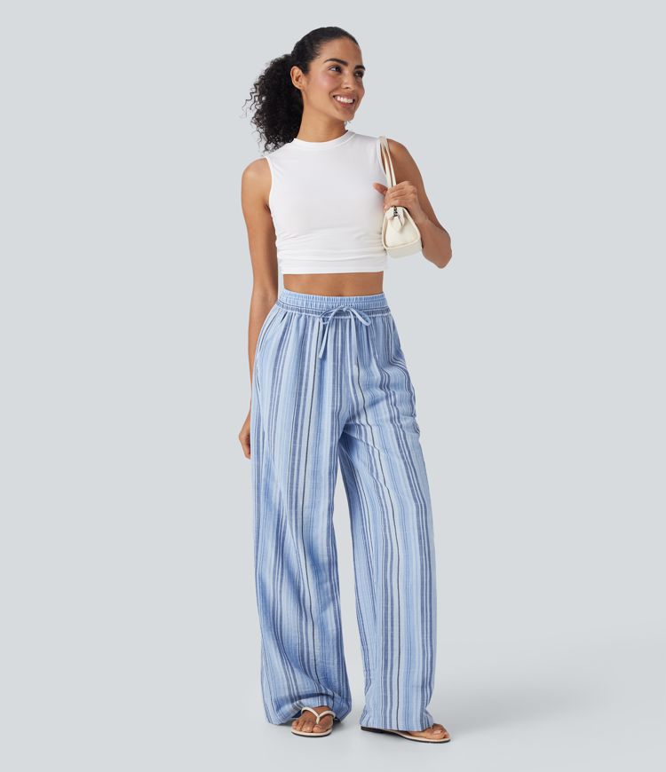 High Waisted Drawstring Wide Leg Stripe Casual Linen-Feel Pants with Pockets
