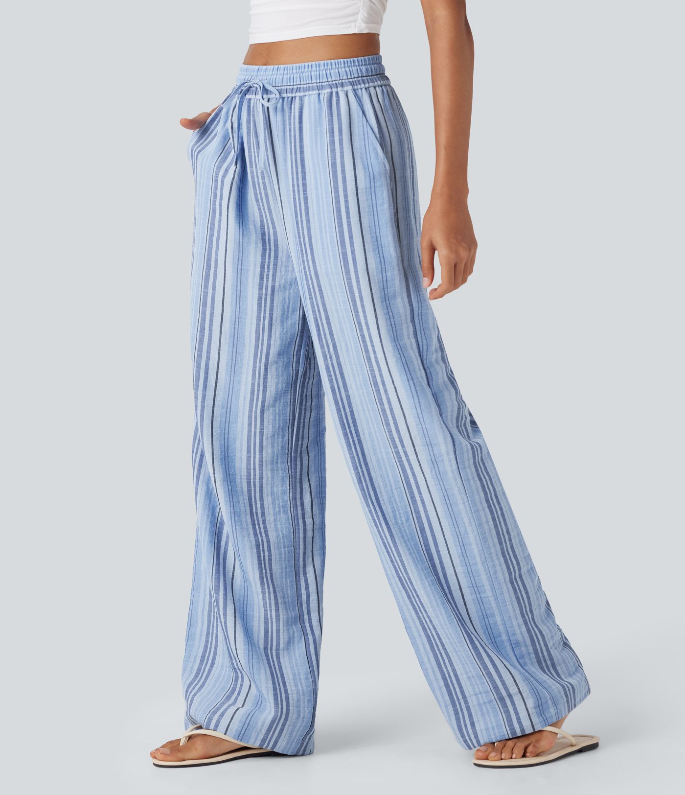 High Waisted Drawstring Wide Leg Stripe Casual Linen-Feel Pants with Pockets