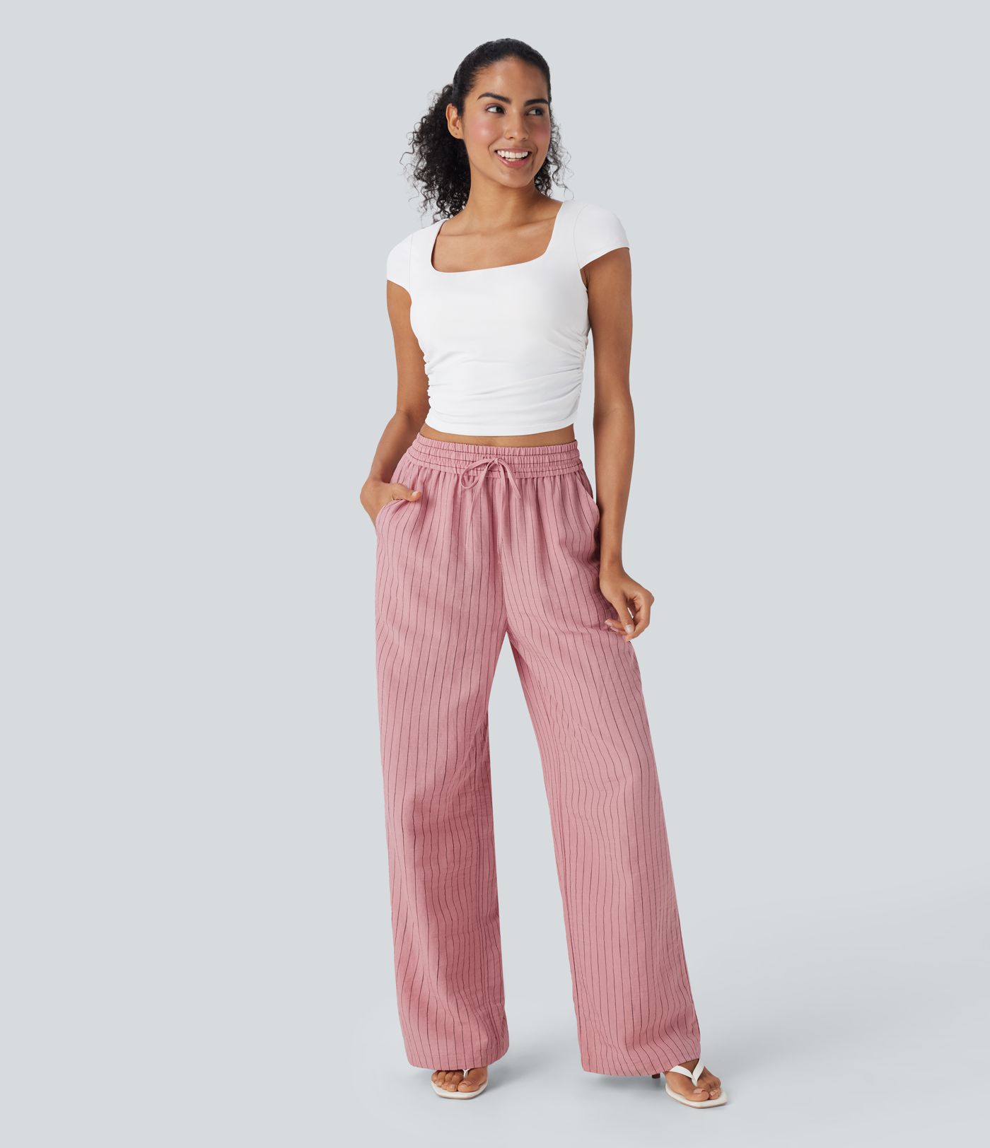 High-waisted wide-leg flowy pants with drawstring, stripes, linen look, and side pockets