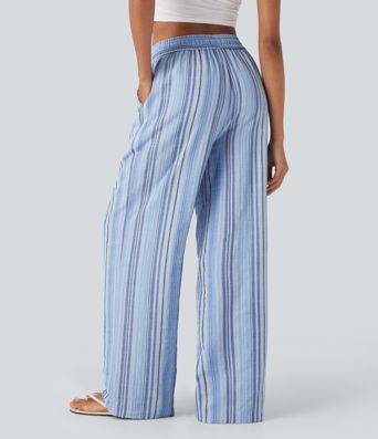 High Waisted Drawstring Wide Leg Stripe Casual Linen-Feel Pants with Pockets