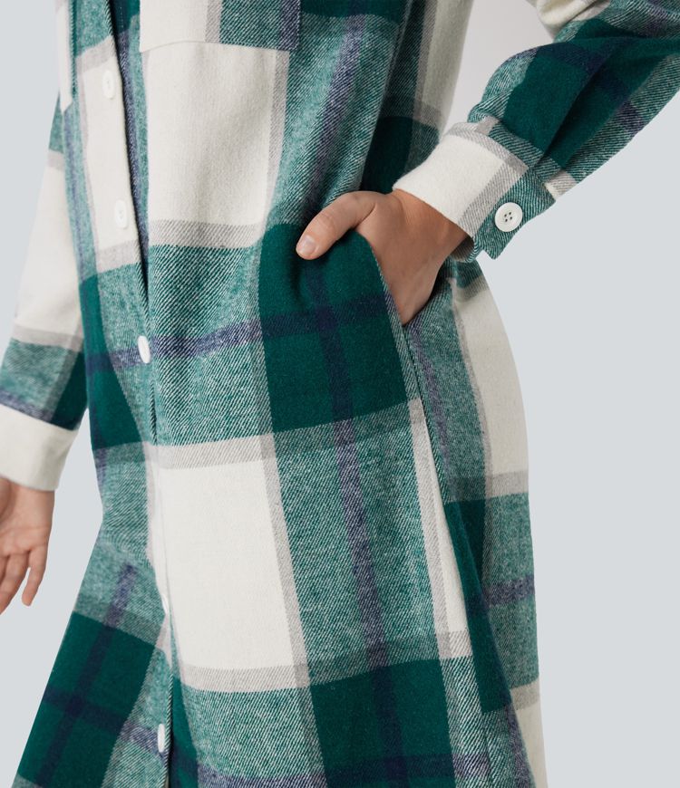 Veste décontractée longue à motif écossais avec ourlet arrondi et poches