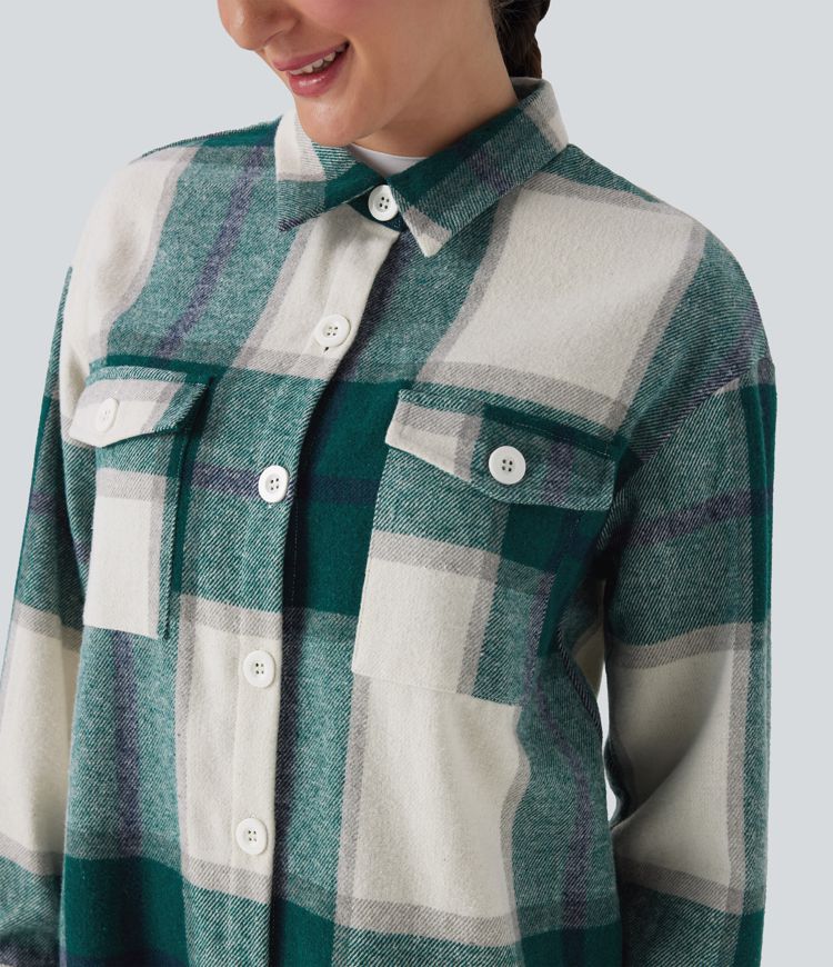 Veste décontractée longue à motif écossais avec ourlet arrondi et poches