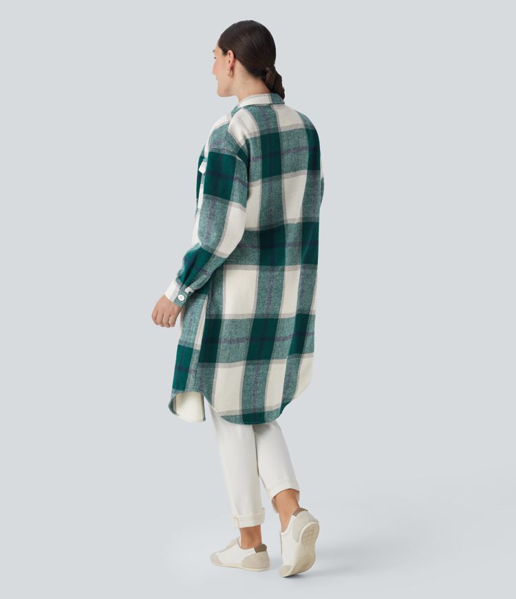 Veste décontractée longue à motif écossais avec ourlet arrondi et poches