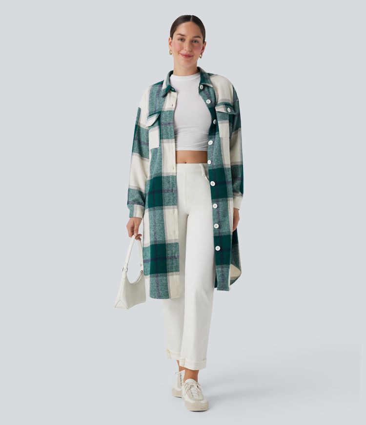 Veste décontractée longue à motif écossais avec ourlet arrondi et poches