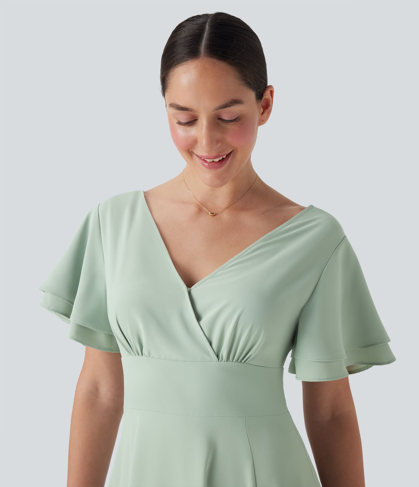 Rückenfreies, kurzärmliges Maxikleid mit V-Ausschnitt und Schlitz für Brautjungfern und Hochzeitsgäste