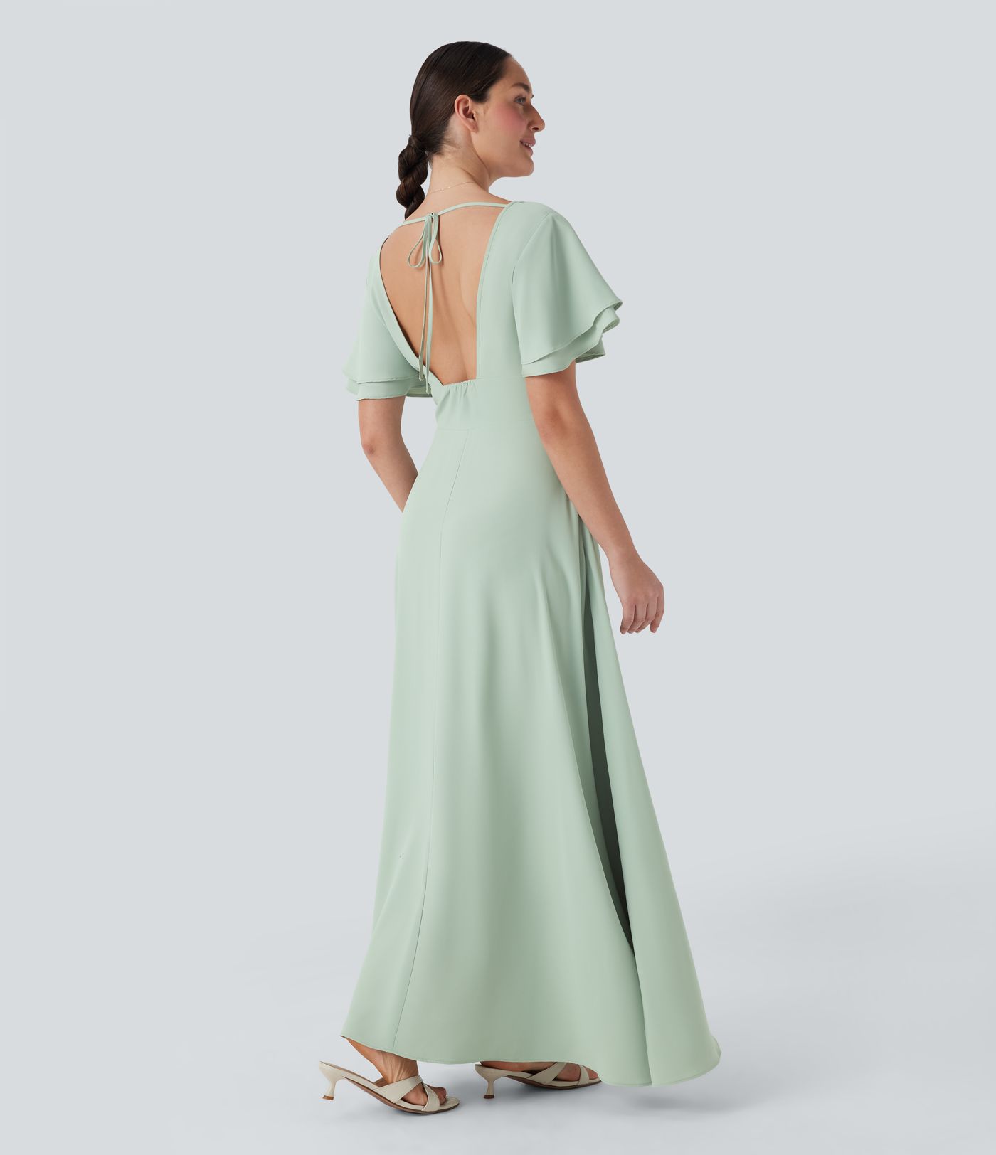 Rückenfreies, kurzärmliges Maxikleid mit V-Ausschnitt und Schlitz für Brautjungfern und Hochzeitsgäste