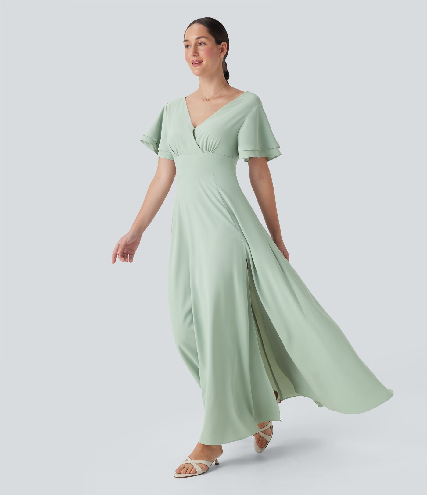 Rückenfreies, kurzärmliges Maxikleid mit V-Ausschnitt und Schlitz für Brautjungfern und Hochzeitsgäste