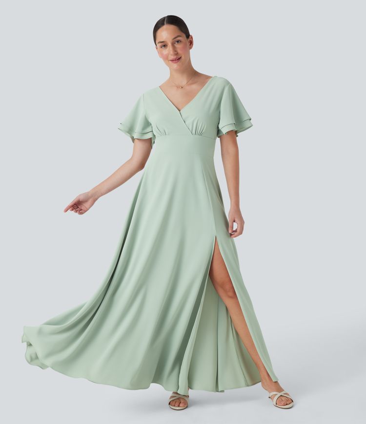 Rückenfreies, kurzärmliges Maxikleid mit V-Ausschnitt und Schlitz für Brautjungfern und Hochzeitsgäste