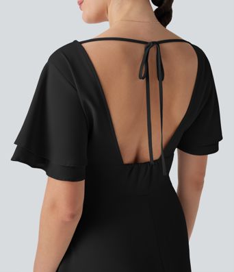 Vestido largo con escote en V y manga corta