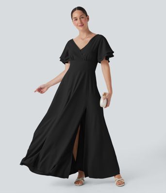 Vestido largo con escote en V y manga corta