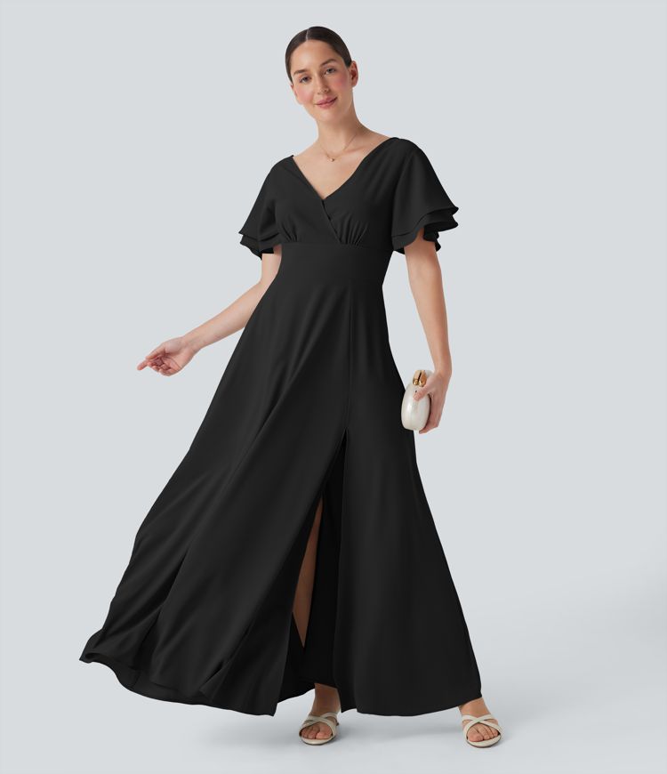 Vestido largo con escote en V y manga corta