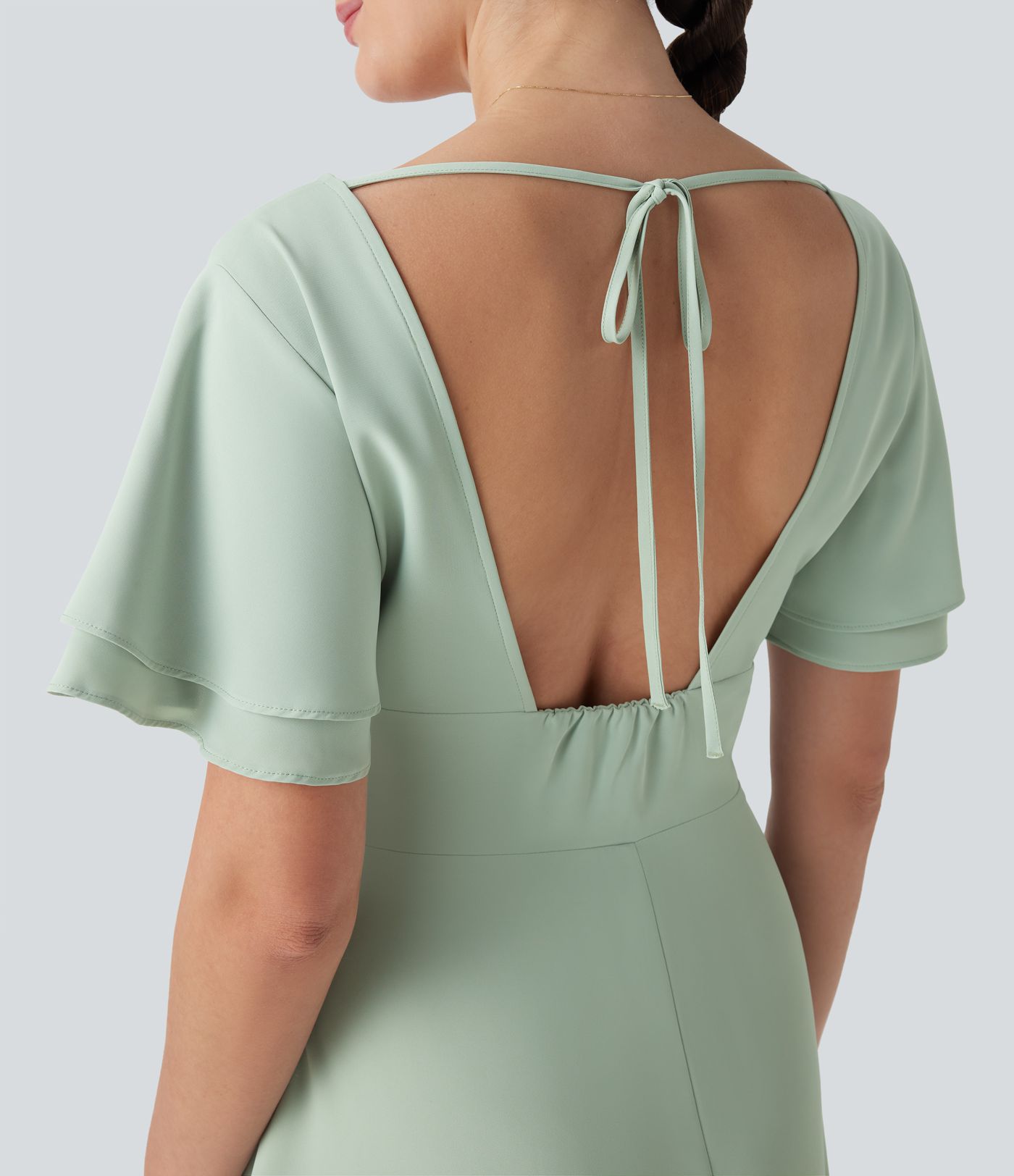 Rückenfreies, kurzärmliges Maxikleid mit V-Ausschnitt und Schlitz für Brautjungfern und Hochzeitsgäste