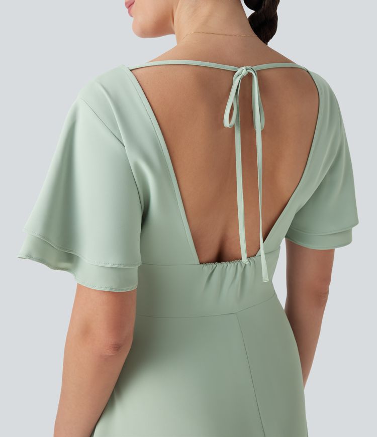 Rückenfreies, kurzärmliges Maxikleid mit V-Ausschnitt und Schlitz für Brautjungfern und Hochzeitsgäste