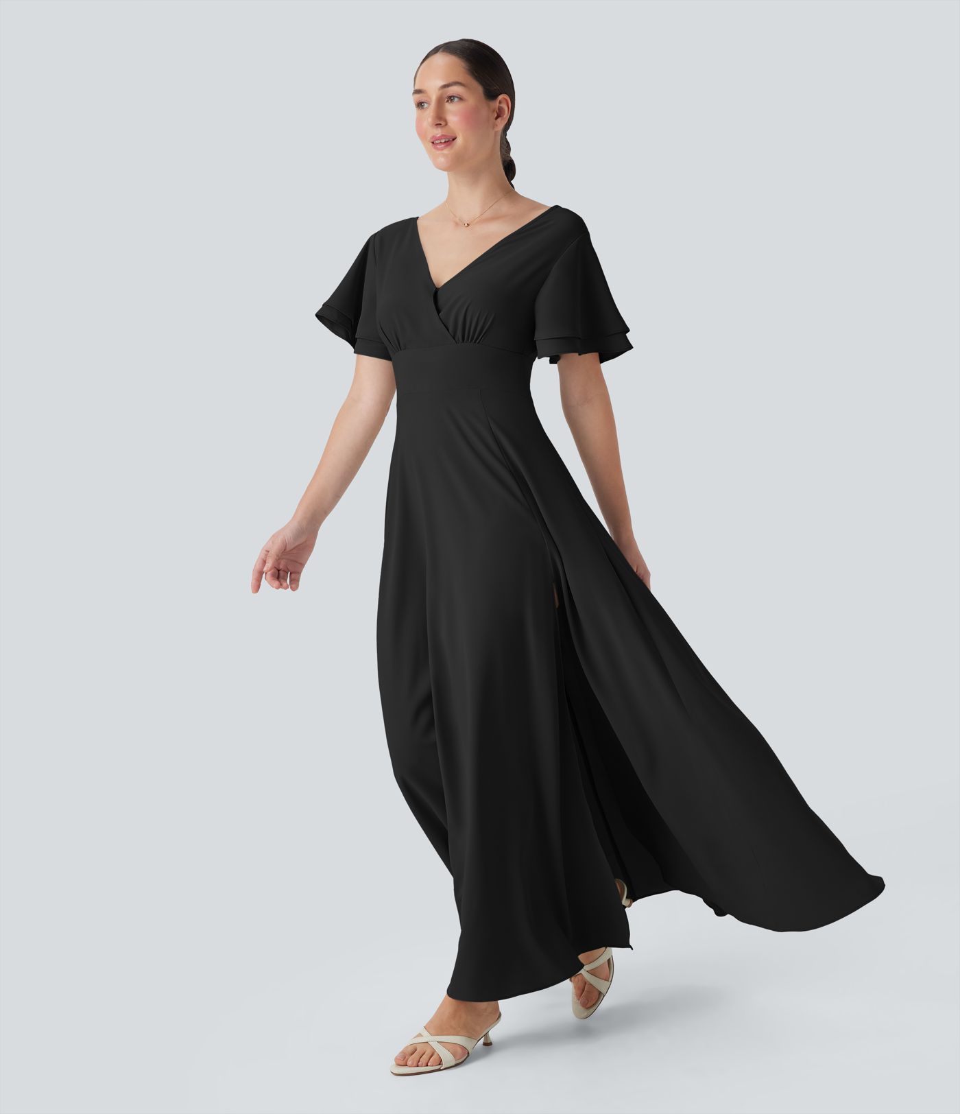 Vestido largo con escote en V y manga corta