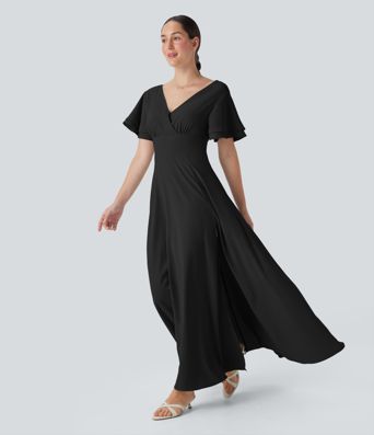 Vestido largo con escote en V y manga corta