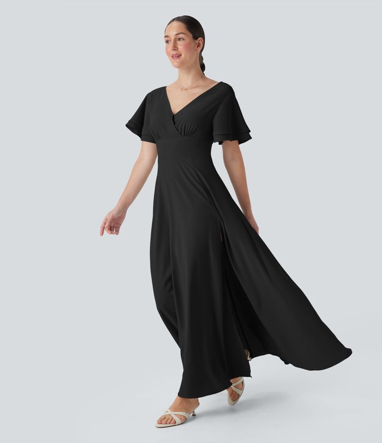 Vestido largo con escote en V y manga corta