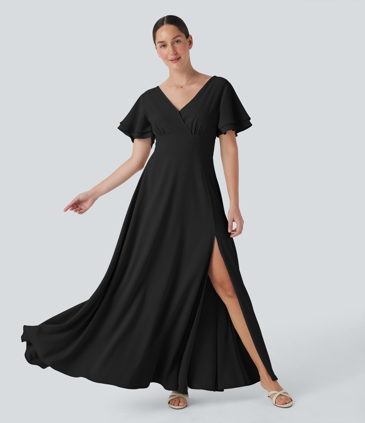 Vestido largo con escote en V y manga corta