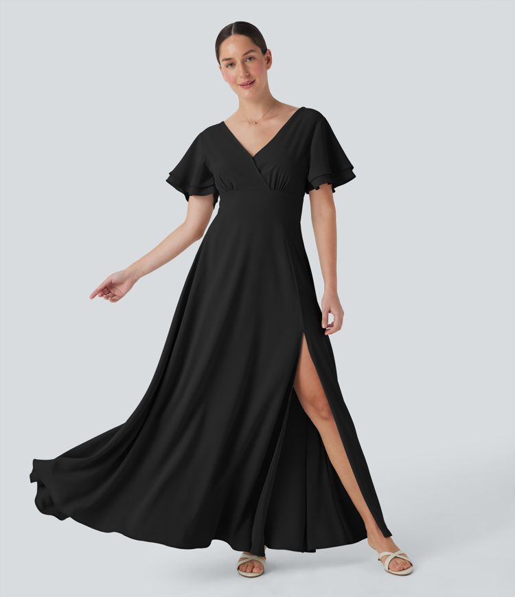 Vestido largo con escote en V y manga corta