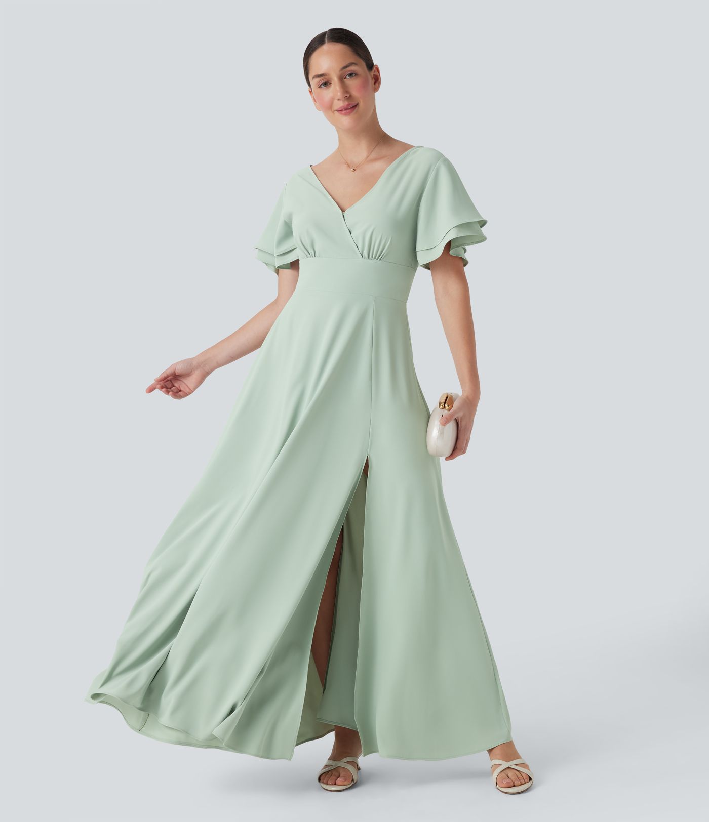 Rückenfreies, kurzärmliges Maxikleid mit V-Ausschnitt und Schlitz für Brautjungfern und Hochzeitsgäste