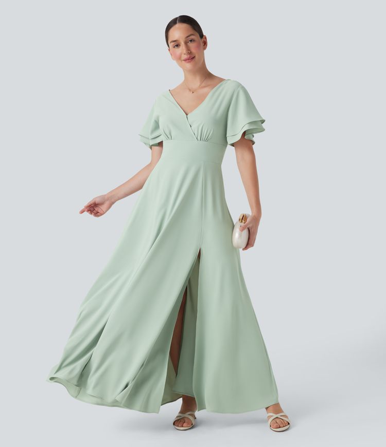Rückenfreies, kurzärmliges Maxikleid mit V-Ausschnitt und Schlitz für Brautjungfern und Hochzeitsgäste