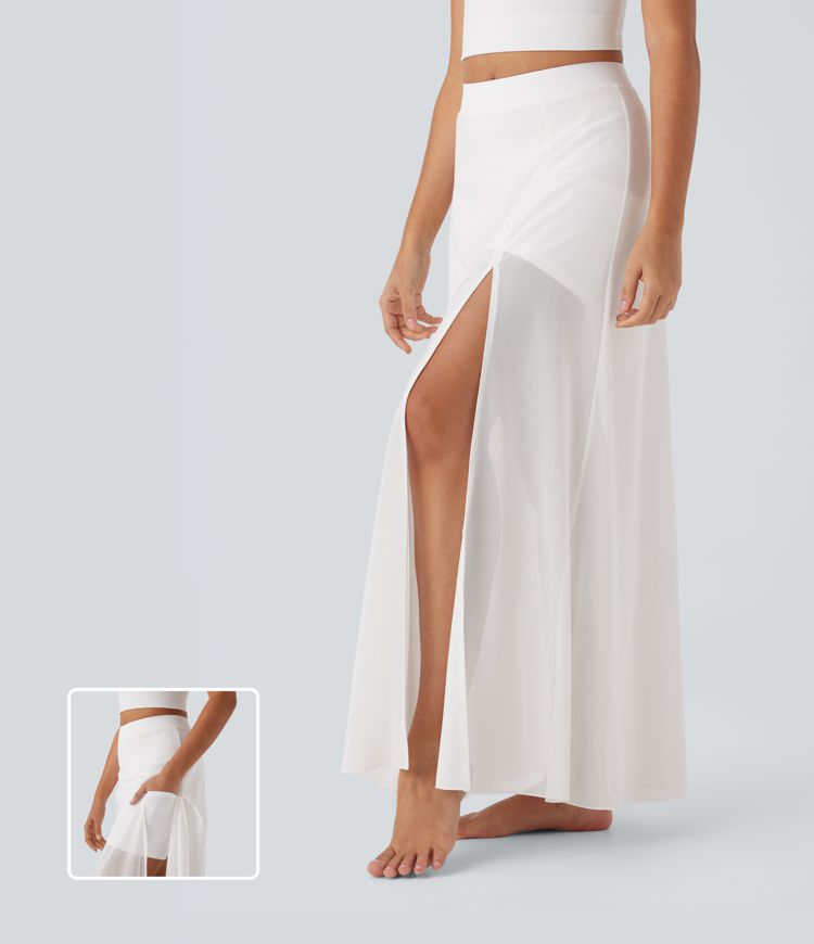 Mid Rise 2-in-1 Split Maxi Dance Skirt with Side Pocket
