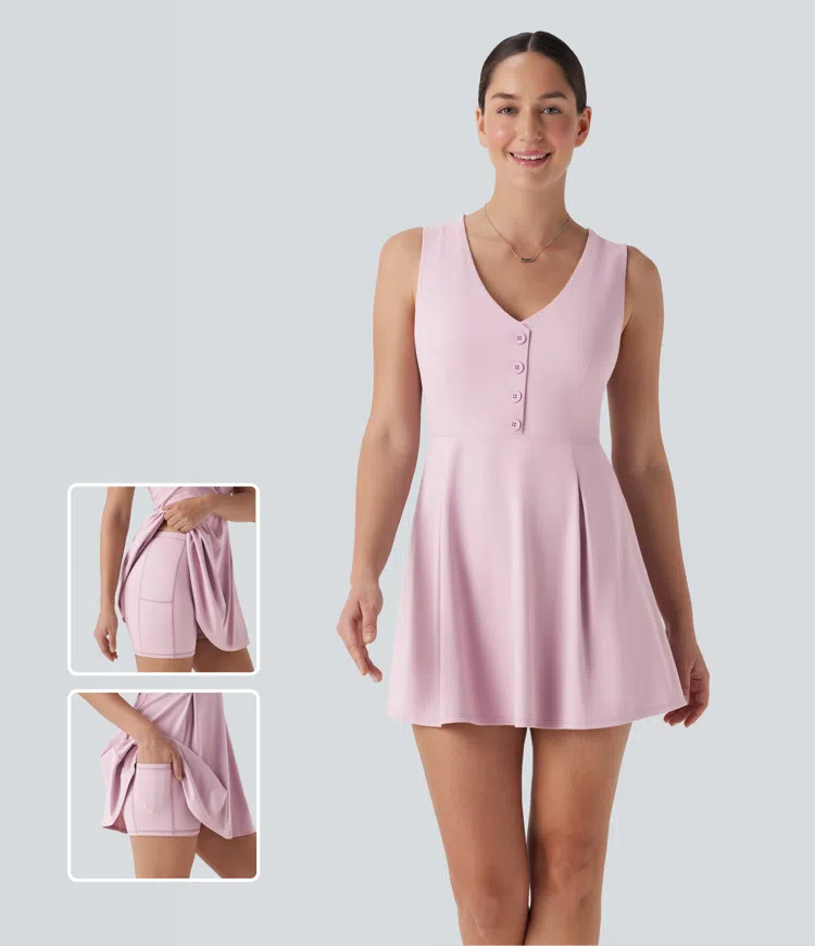 V Neck Sleeveless Decorative 2-Piece Mini Casual Dress with Pocket