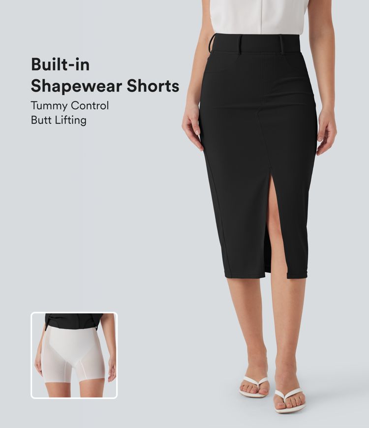 Falda ajustada casual de tiro alto con abertura y efecto moldeado de abdomen y push-up con pantalones cortos moldeadores incorporados