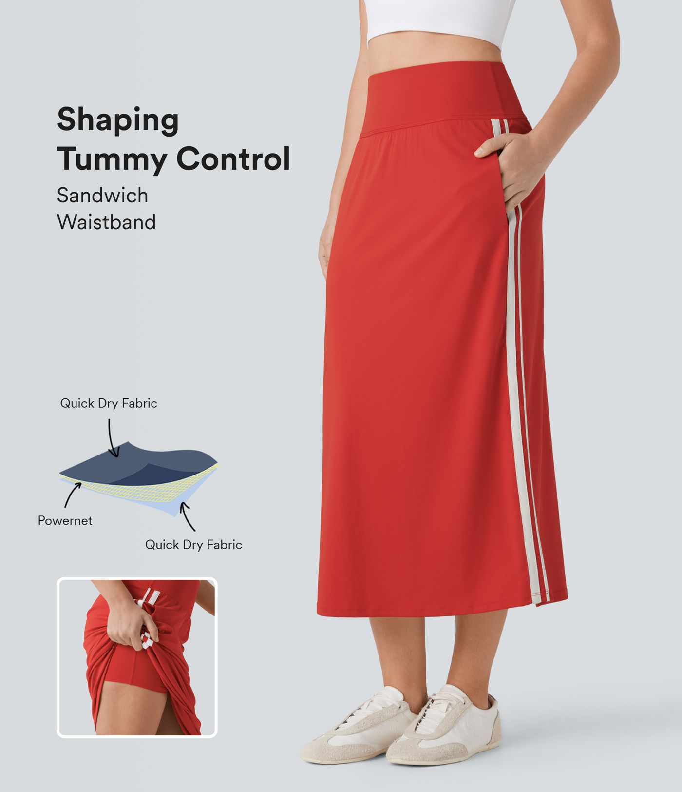 SoftlyZero™ QuickDry High Waisted Tummy Control 2-in-1 Color Block Midi Workout Skirt with Pockets