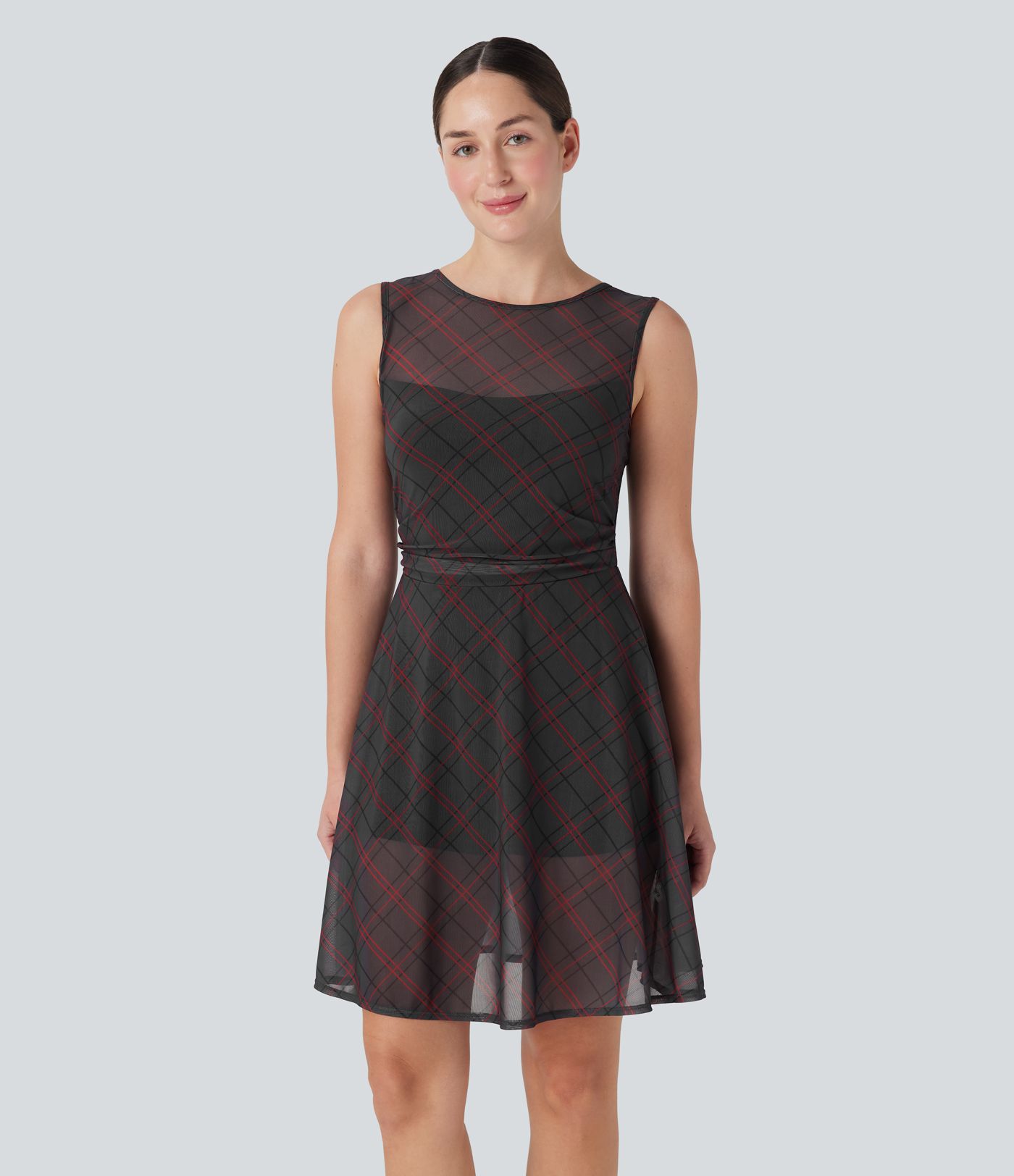 Sleeveless Plaid Contrast Mesh 2-in-1 Mini Casual Dress with Side Pocket Sleeveless Plaid Contrast Mesh 2-in-1 Mini Casual Dress with Side Pocket