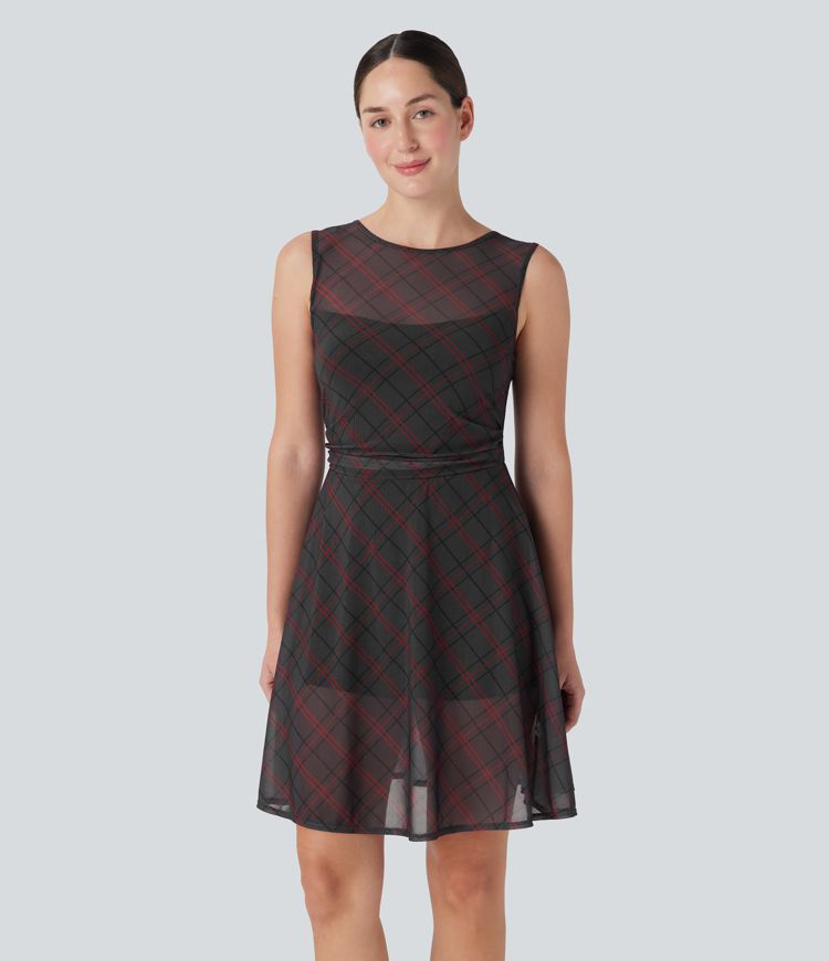 Sleeveless Plaid Contrast Mesh 2-in-1 Mini Casual Dress with Side Pocket Sleeveless Plaid Contrast Mesh 2-in-1 Mini Casual Dress with Side Pocket