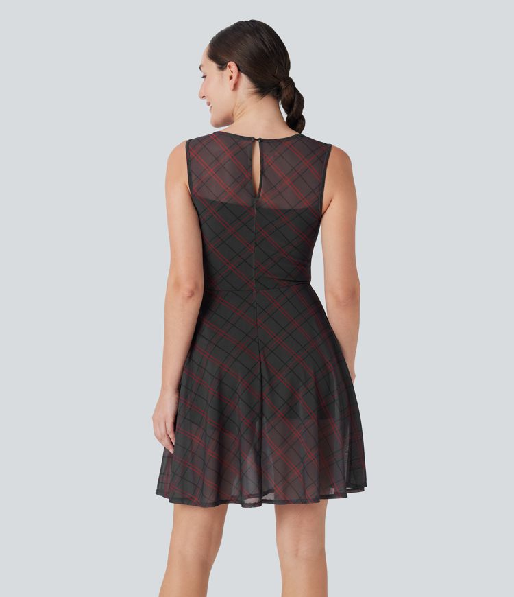 Sleeveless Plaid Contrast Mesh 2-in-1 Mini Casual Dress with Side Pocket Sleeveless Plaid Contrast Mesh 2-in-1 Mini Casual Dress with Side Pocket