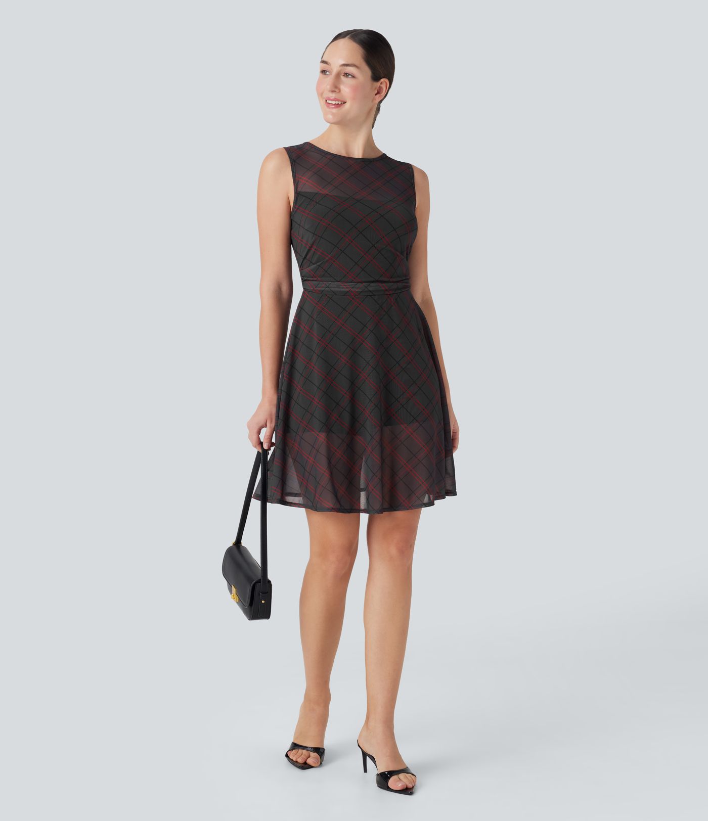 Sleeveless Plaid Contrast Mesh 2-in-1 Mini Casual Dress with Side Pocket Sleeveless Plaid Contrast Mesh 2-in-1 Mini Casual Dress with Side Pocket
