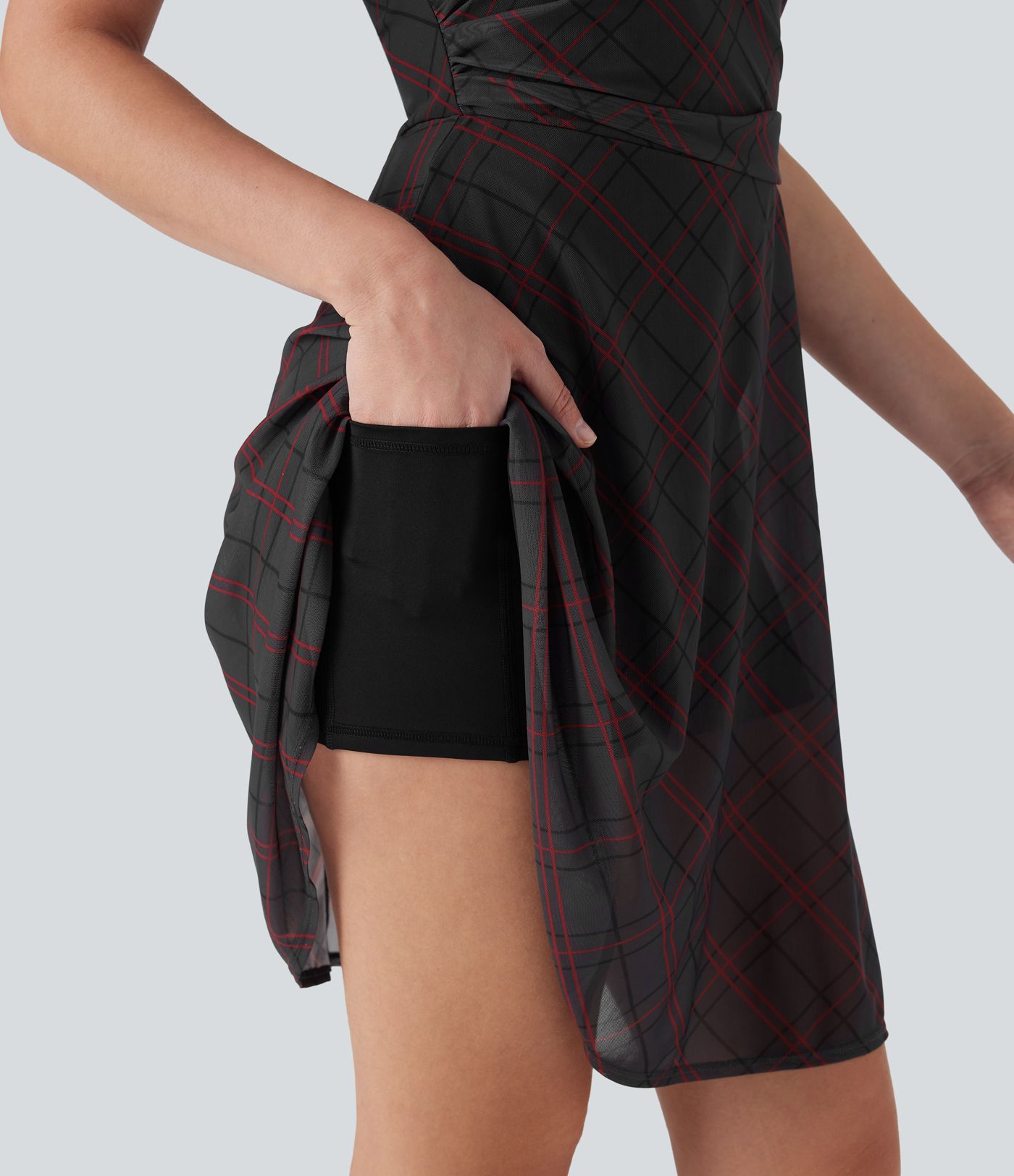 Sleeveless Plaid Contrast Mesh 2-in-1 Mini Casual Dress with Side Pocket Sleeveless Plaid Contrast Mesh 2-in-1 Mini Casual Dress with Side Pocket