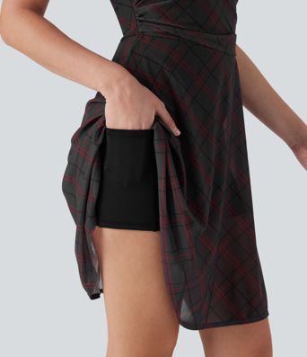 Sleeveless Plaid Contrast Mesh 2-in-1 Mini Casual Dress with Side Pocket Sleeveless Plaid Contrast Mesh 2-in-1 Mini Casual Dress with Side Pocket