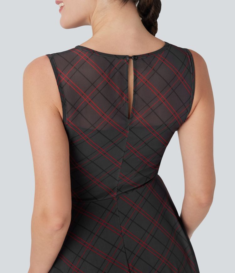 Sleeveless Plaid Contrast Mesh 2-in-1 Mini Casual Dress with Side Pocket Sleeveless Plaid Contrast Mesh 2-in-1 Mini Casual Dress with Side Pocket