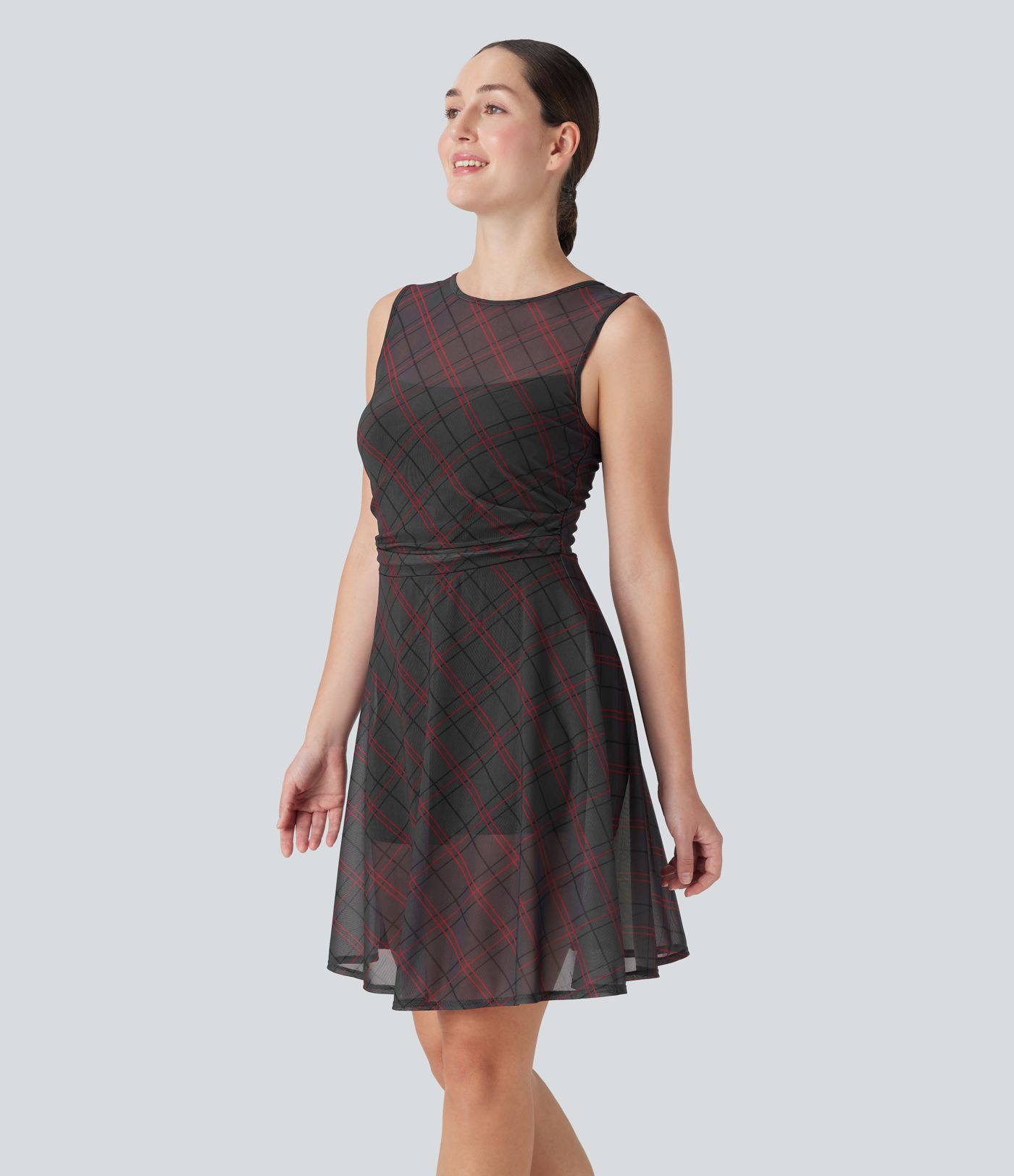 Sleeveless Plaid Contrast Mesh 2-in-1 Mini Casual Dress with Side Pocket Sleeveless Plaid Contrast Mesh 2-in-1 Mini Casual Dress with Side Pocket