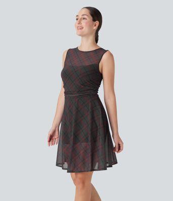 Sleeveless Plaid Contrast Mesh 2-in-1 Mini Casual Dress with Side Pocket Sleeveless Plaid Contrast Mesh 2-in-1 Mini Casual Dress with Side Pocket