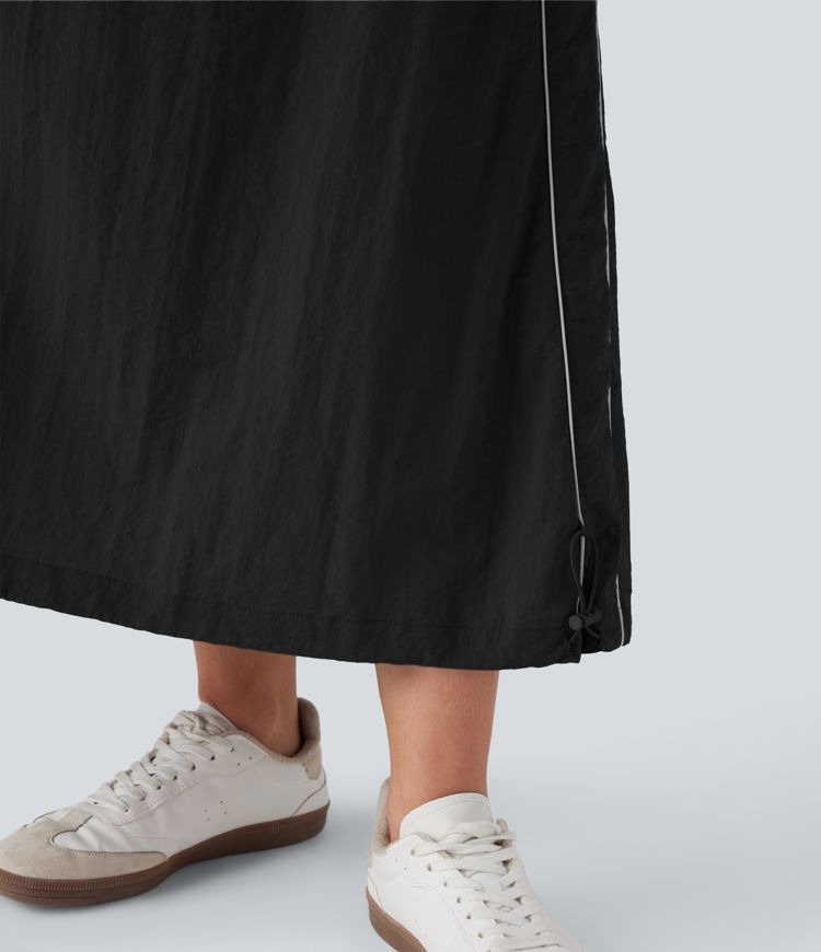 High Waisted Color Block Stripe Cinchable Hem A-line Midi Casual Skirt with Pockets