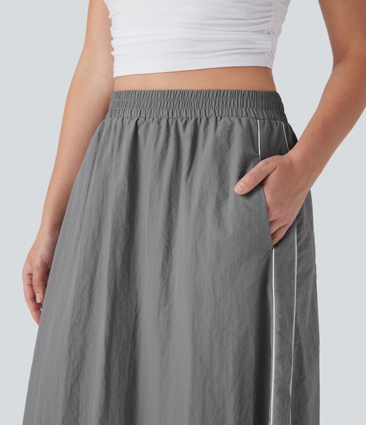 High Waisted Color Block Stripe Cinchable Hem A-line Midi Casual Skirt with Pockets